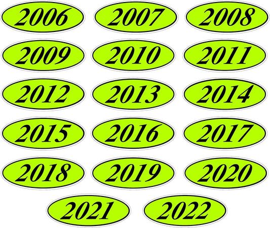 Windshield Year Stickers (Black on Chartreuse)- 1 Dozen Each Year