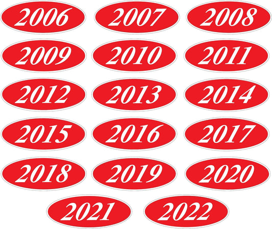 Windshield Year Stickers  (White on RED)- 1 Dozen Each Year