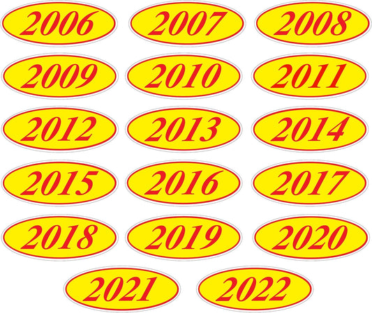 Windshield Year Stickers (Red on Yellow)-  1 Dozen Each Year