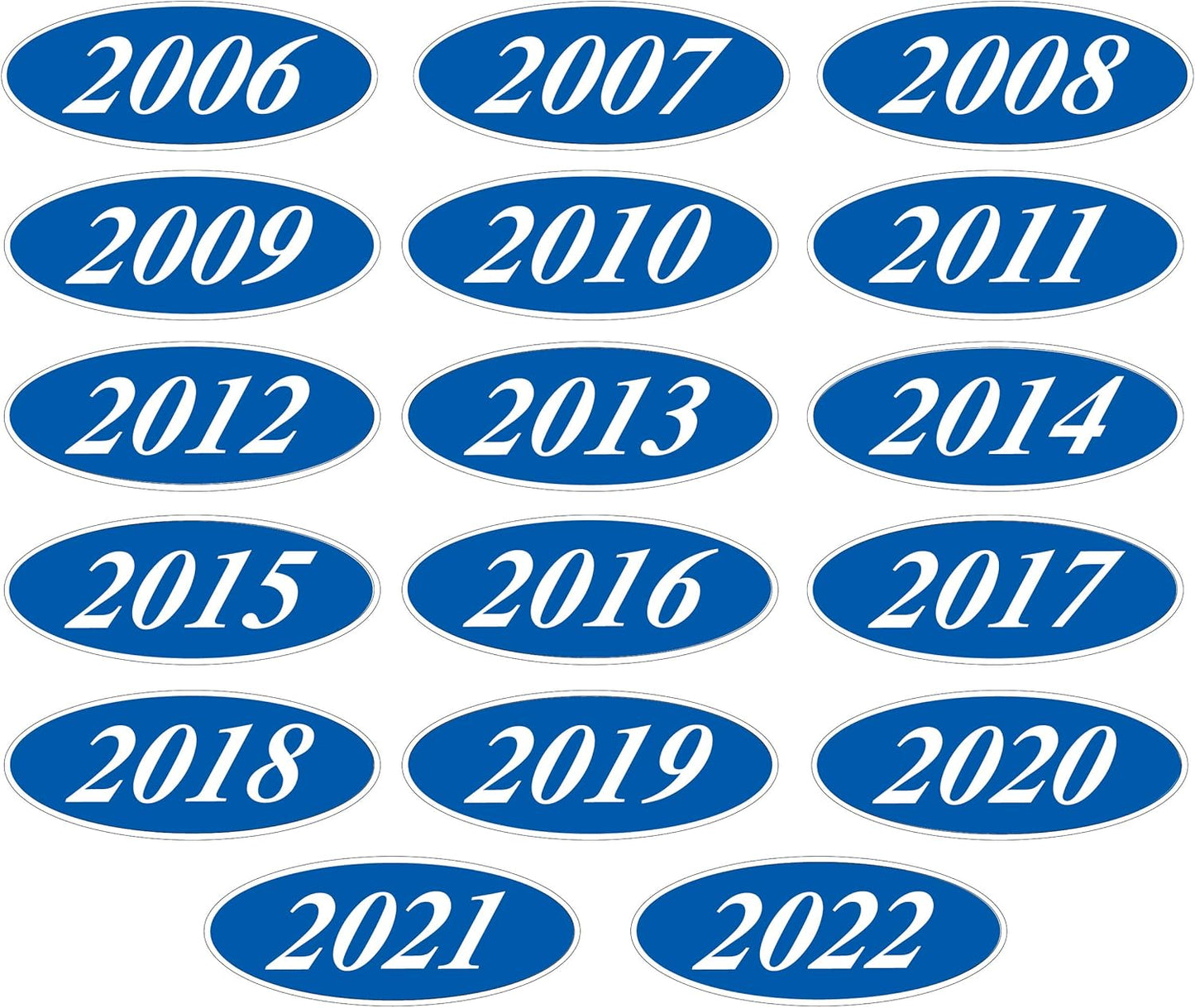 Windshield Year Stickers (White on Blue)- 1 Dozen Each Year