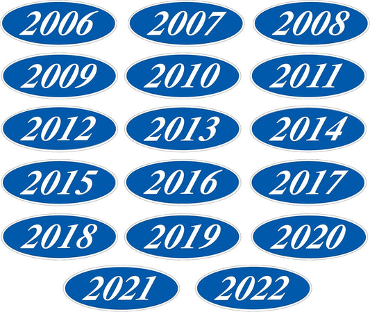 Windshield Year Stickers (White on Blue)- 1 Dozen Each Year